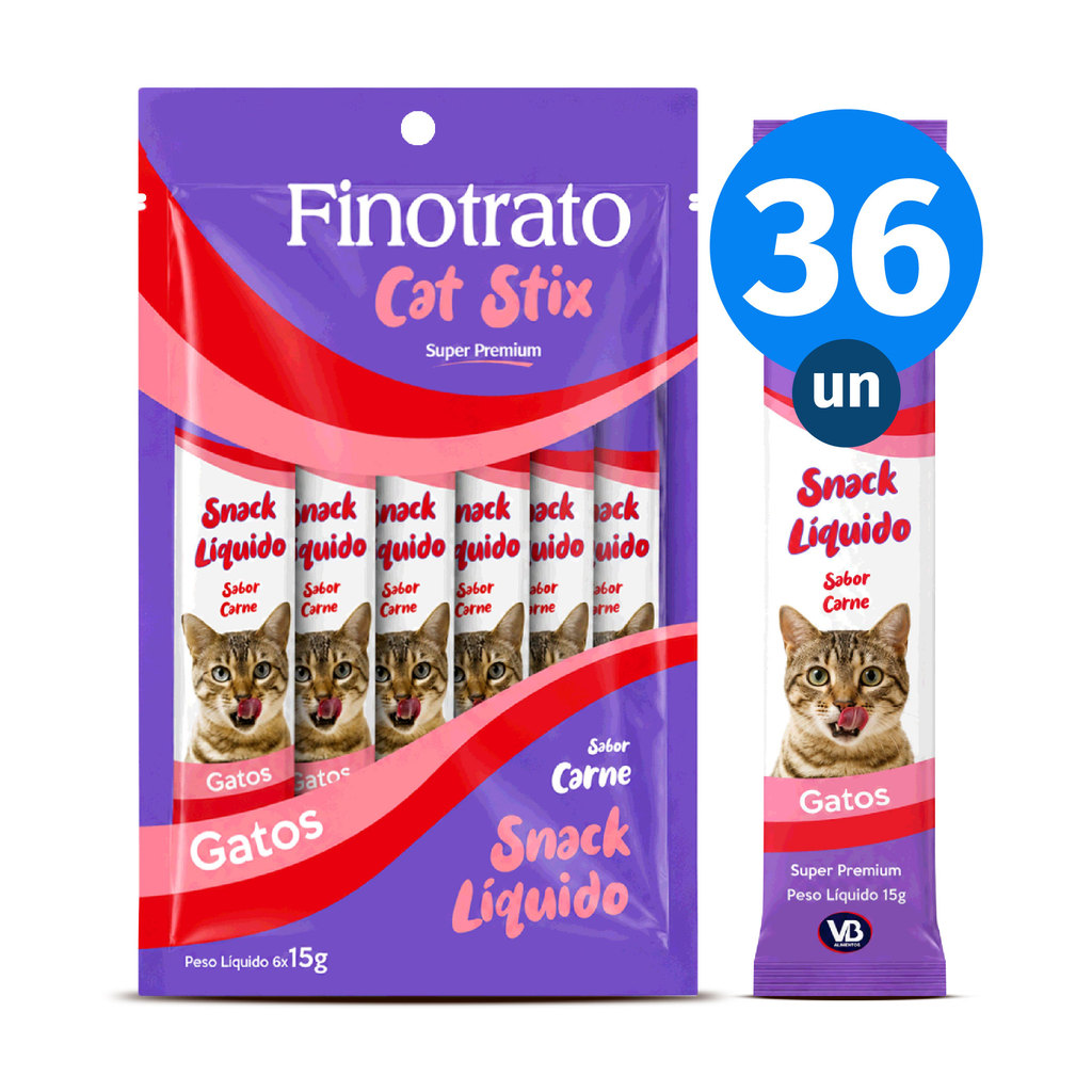 Kit 36x Petisco Finotrato Cat Stix Gatos Adultos Sabor Carne 15g
