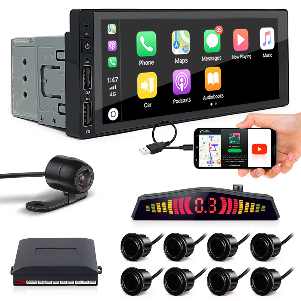 Kit Multimídia 1 Din + Câmera Ré + Sensor 8 Pontos Preto Novo Uno 2011 2012 2013 2014 Espelhamento Android Auto