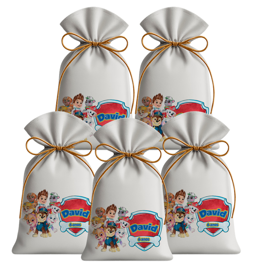 Kit 10 Saquinhos Sacolinhas Lembrancinha Festa Aniversário Tecido Personalizado Patrulha Canina Escudo