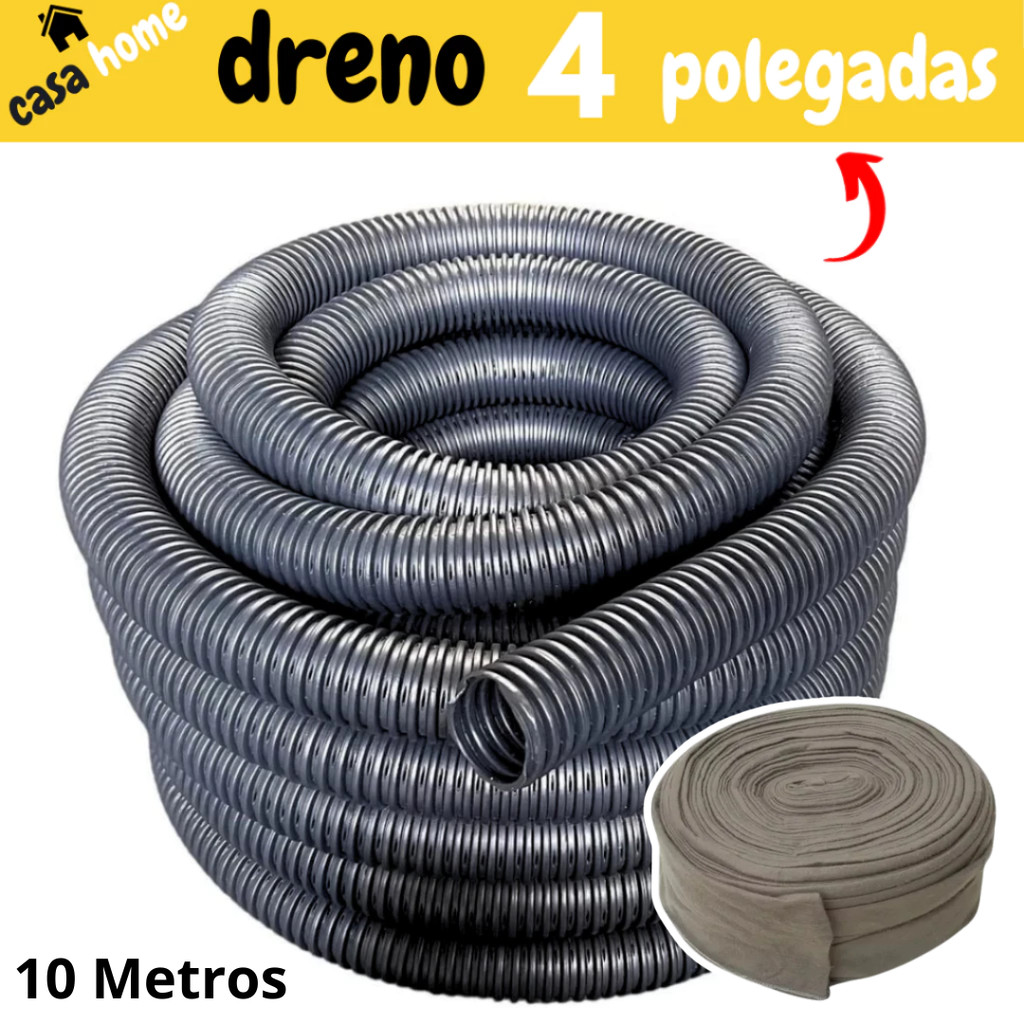 Tubo Duto PEAD Corrugado Dreno Perfurado 4 pol (100mm) Rolo 10M para Drenagem e Construção Kit com Camisa de Bidim
