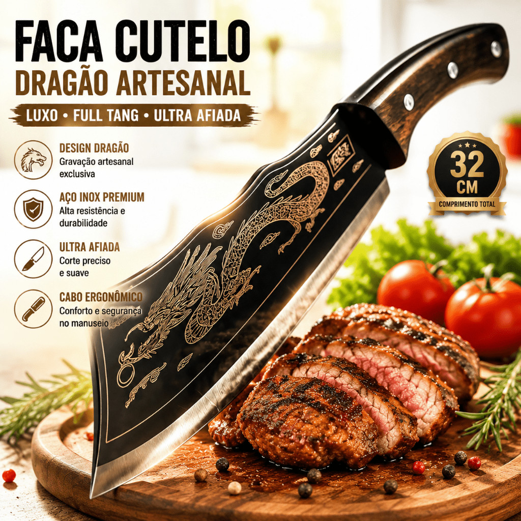 Faca Cutelo Dragão Artesanal Luxo Full Tang Rústica Ultra Afiada Aço Inox 32 cm Avaliação da loja - Variação: