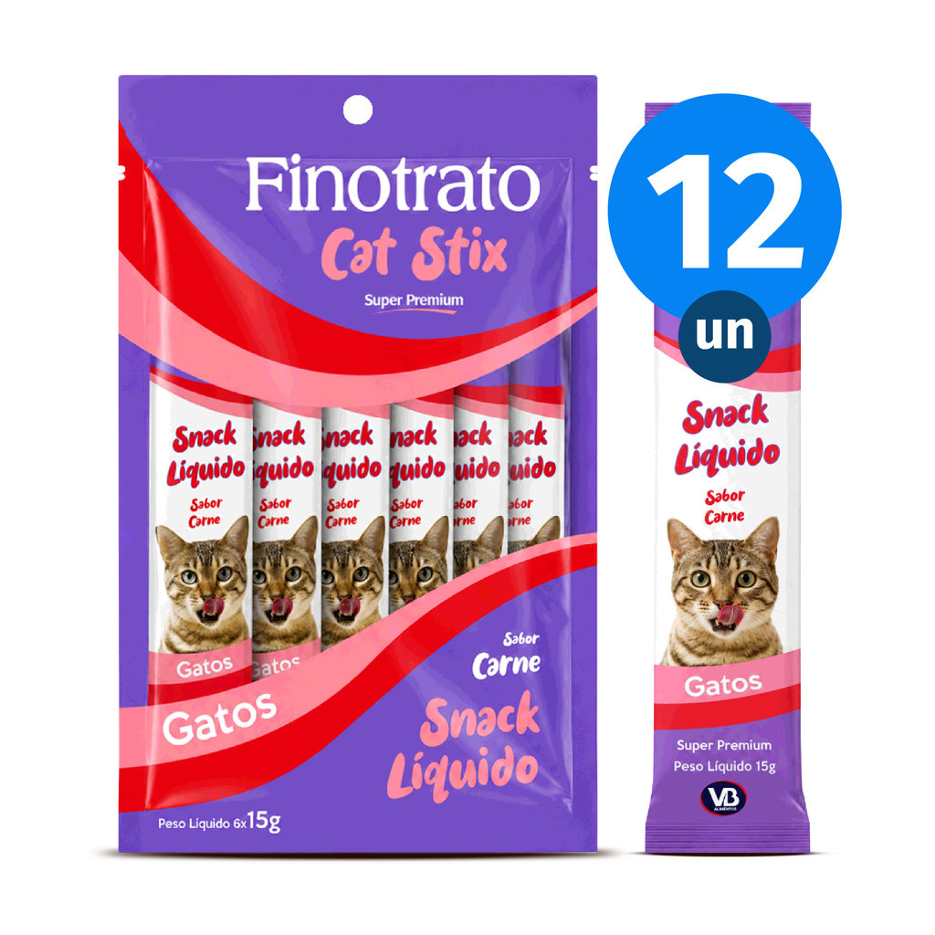Kit 12x Petisco Finotrato Cat Stix Gatos Adultos Sabor Carne 15g