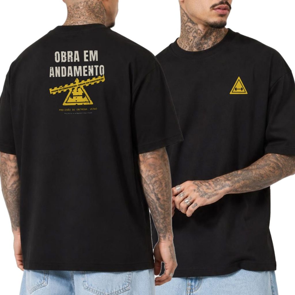 Camiseta Oversized Academia Treino Shape em Construção Streetwear Unissex Masculina Feminina Estampada Costas Presente