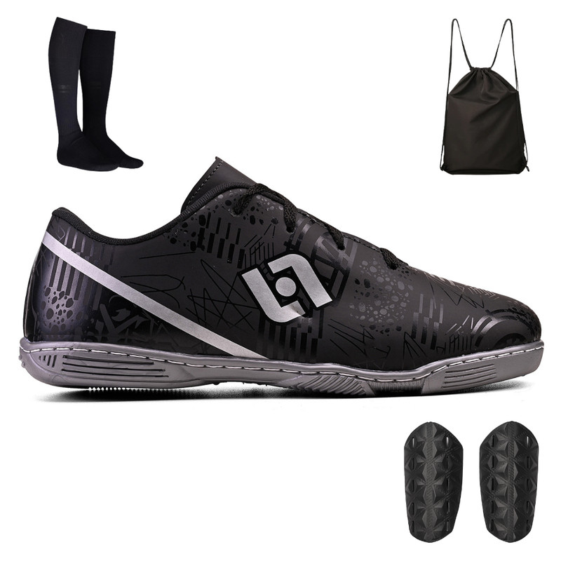 Kit Chuteira Infantil Futsal Futebol de Salão Indoor Costura Reforçada + Mochila + Meião + Caneleira