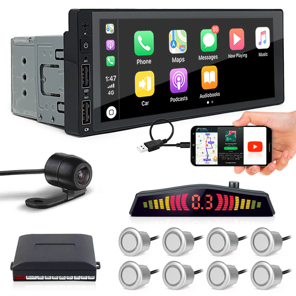 Kit Multimídia 1 Din + Câmera Ré + Sensor 8 Pontos Prata Palio G4 2008 2009 2010 2011 2012 Espelhamento Carplay Car Play