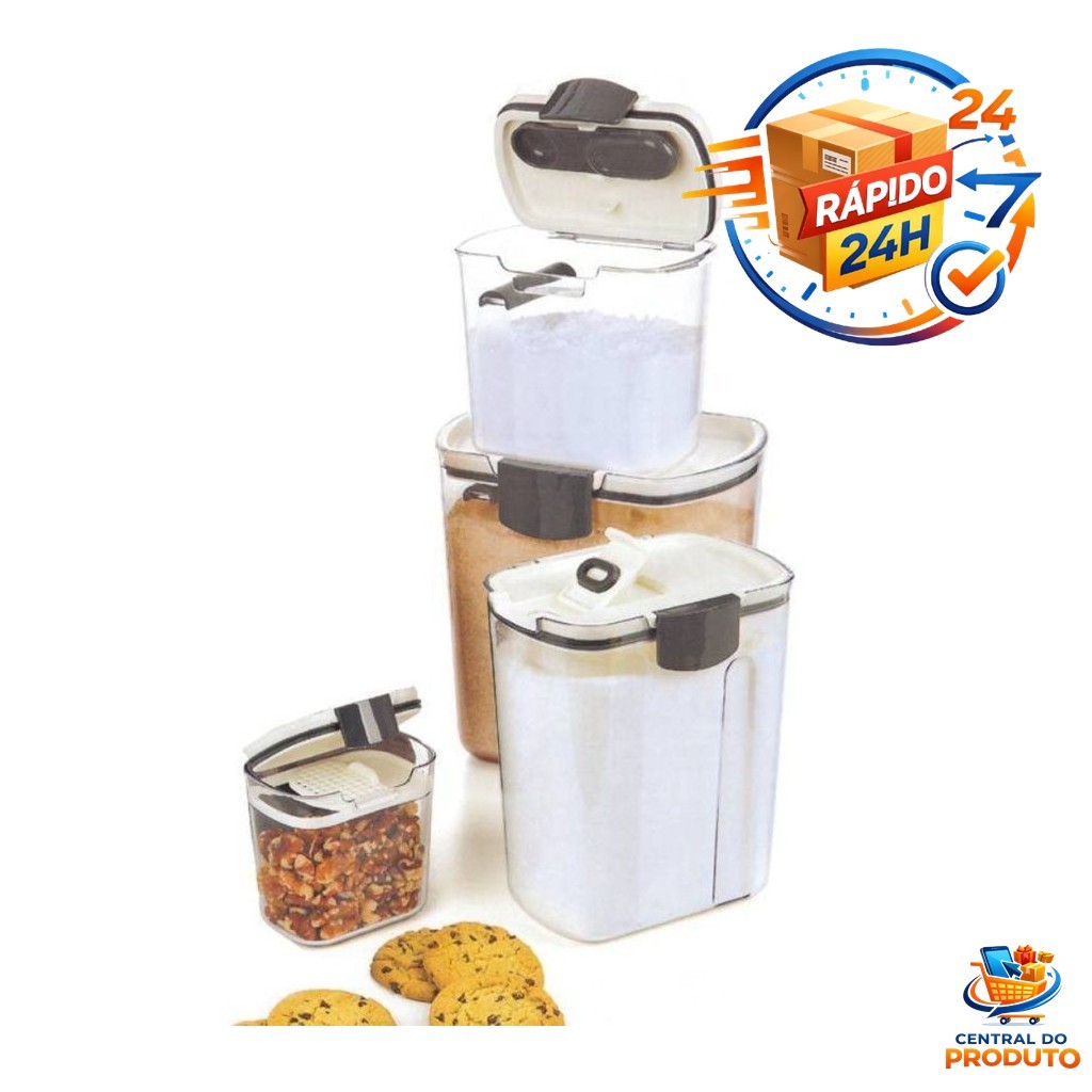 Kit 4 Potes Herméticos Plástico Armazenamento Organizador Mini Dispenser Açucareiro Porta Grãos