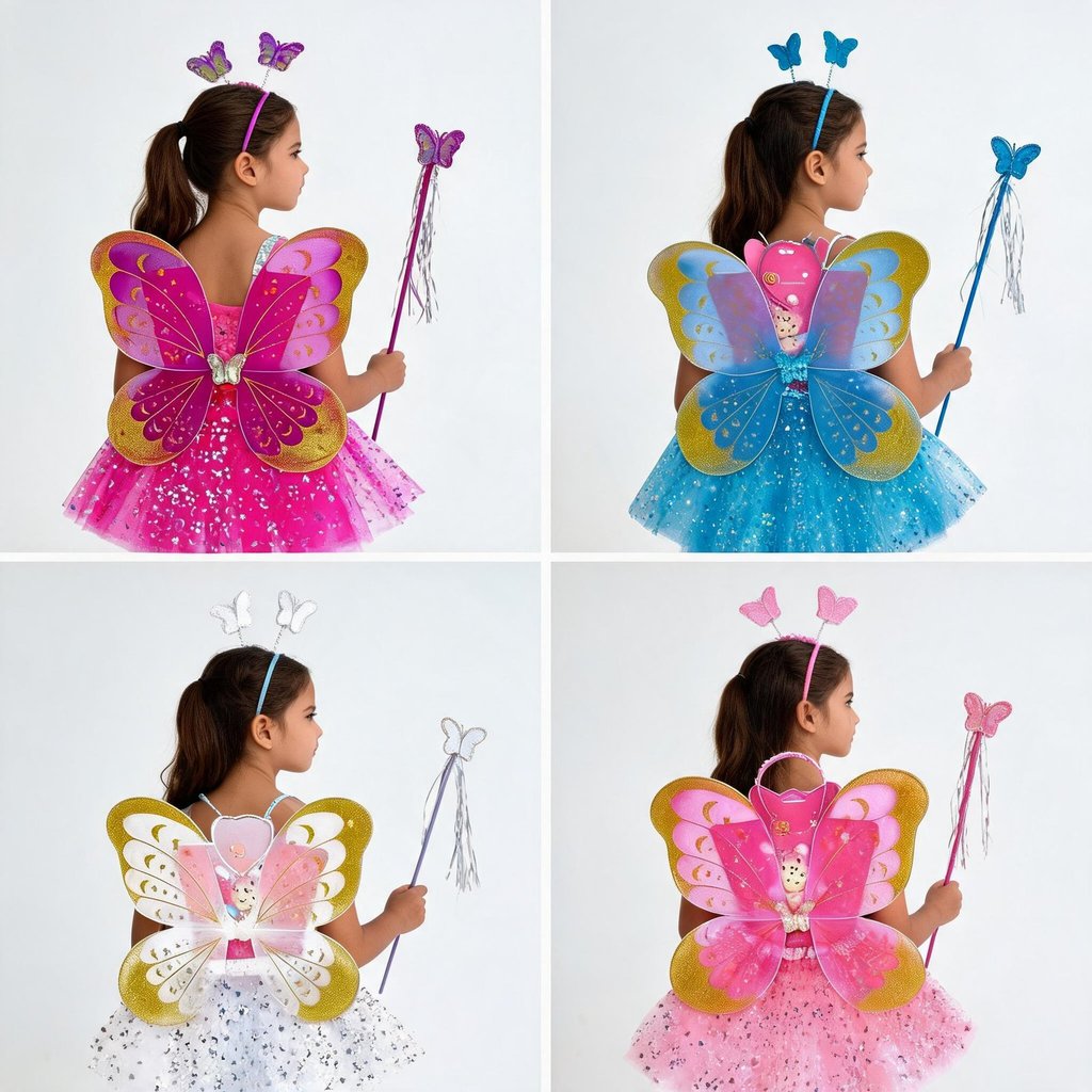 Kit Fantasia Fada Asa de Borboleta 4 Peças para Carnaval, Festa à Fantasia e Aniversário Infantil
