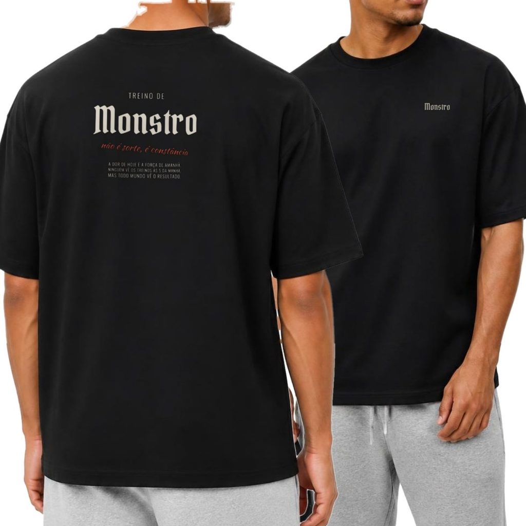 Camiseta Oversized Academia Treino Treino de Monstro Streetwear Unissex Masculina Feminina Estampada Costas Presente