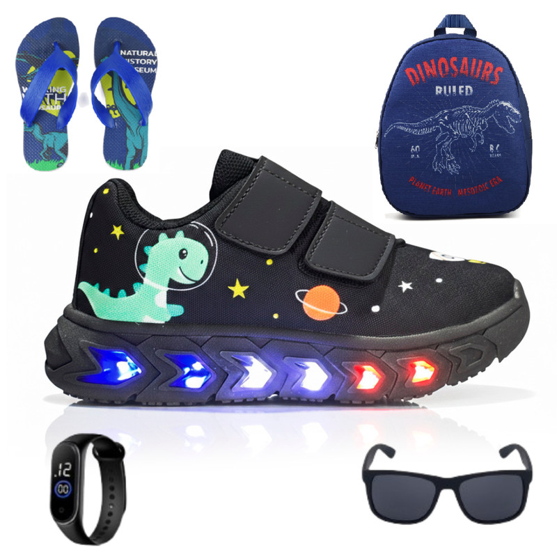 Kit com Tênis de Led Infantil Dino Alta Qualidade + Mochila + Chinelo Leve + Relógio + Óculos