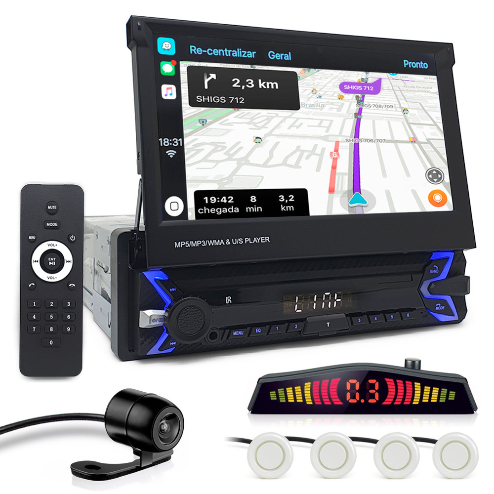 Kit Multimídia Tela Retrátil + Câmera Ré + Sensor Ré Pérola Palio G5 2012 2013 Espelhamento Carplay Car Play
