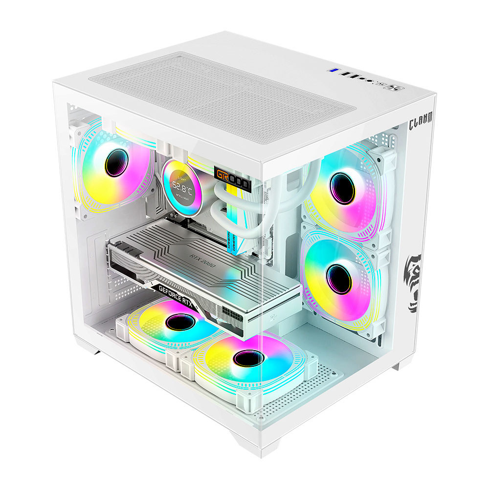 Gabinete Gamer Clanm Grodd Snow Branco Painel Vidro Temperado Mid Tower Suporta ATX Micro-ATX Mini-ITX