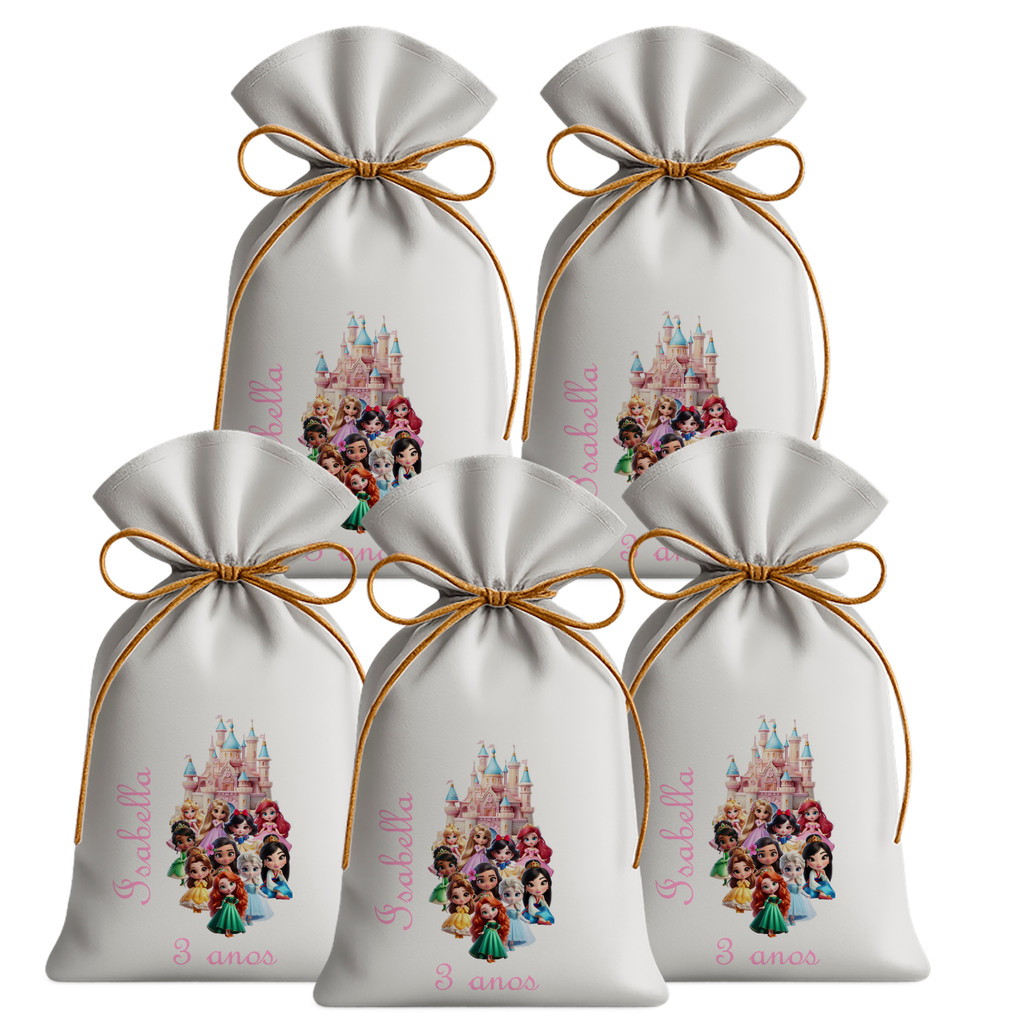 Kit 30 Saquinhos Sacolinhas Lembrancinha Festa Aniversário Tecido Personalizado Princesas Disney Castelo
