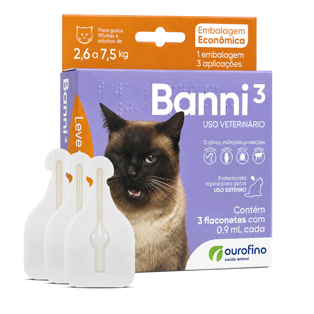 Banni 3 Antipulgas 3 Flaconetes Contra Sarnas e Vermífugo 0,9ml para Gatos de 2,6kg até 7,5kg Ourofino