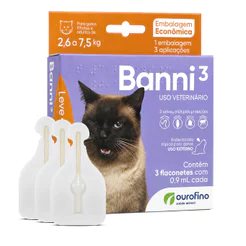Banni 3 Antipulgas 3 Flaconetes Contra Sarnas e Vermífugo 0,9ml para Gatos de 2,6kg até 7,5kg Ourofino