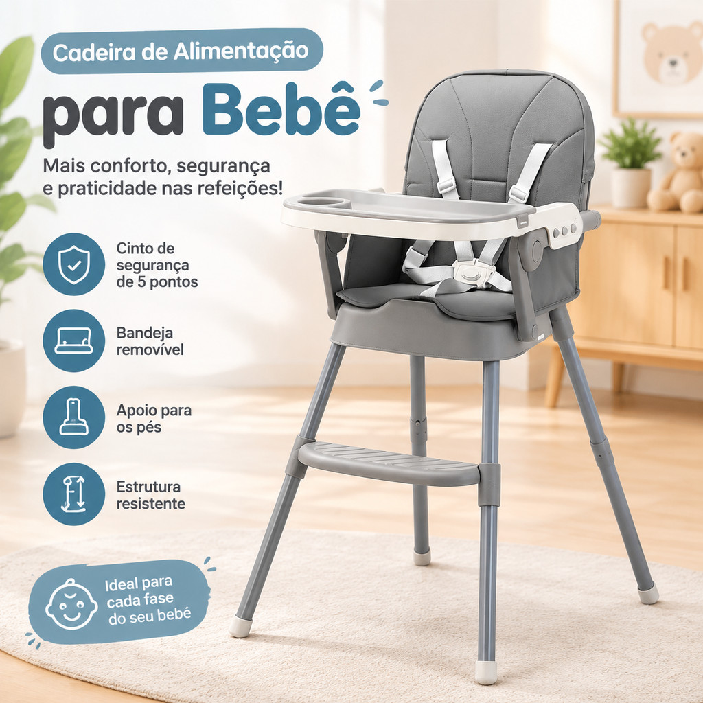 Cadeira de Alimentação Bebê Cadeirão Infantil com Bandeja Removível, Cinto de Segurança e Apoio para os Pés