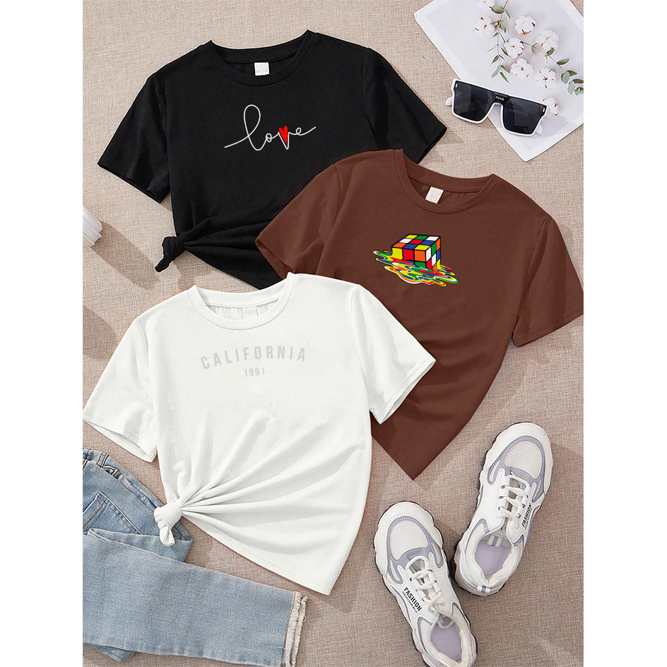 Camiseta Feminina Kit 3 Love Cursivo Vermelho Preto Cubo Mágico Derretendo Marrom California 1991 Bege Off White