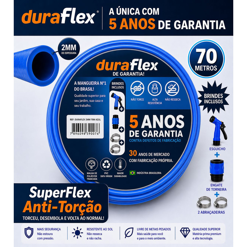 Mangueira Duraflex Azul 70 mts 5 Anos Garantia 2mm Anti Choque