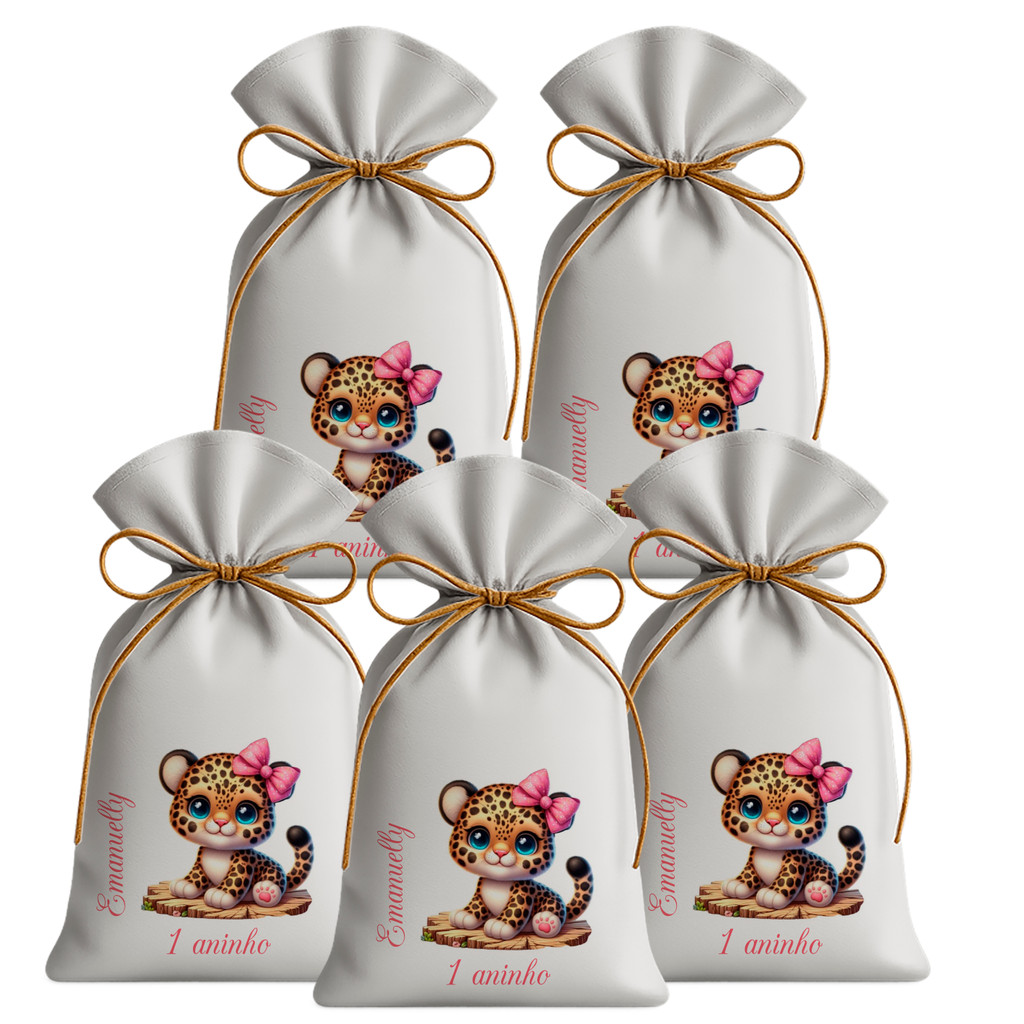 Kit 15 Saquinhos Sacolinhas Lembrancinha Festa Aniversário Tecido Personalizado Oncinha baby 3D