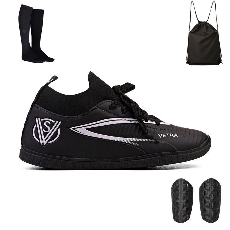 Kit Chuteira Futsal Infanil Botinha Quadra Futebol de Salão + Mochila Meião e Caneleira