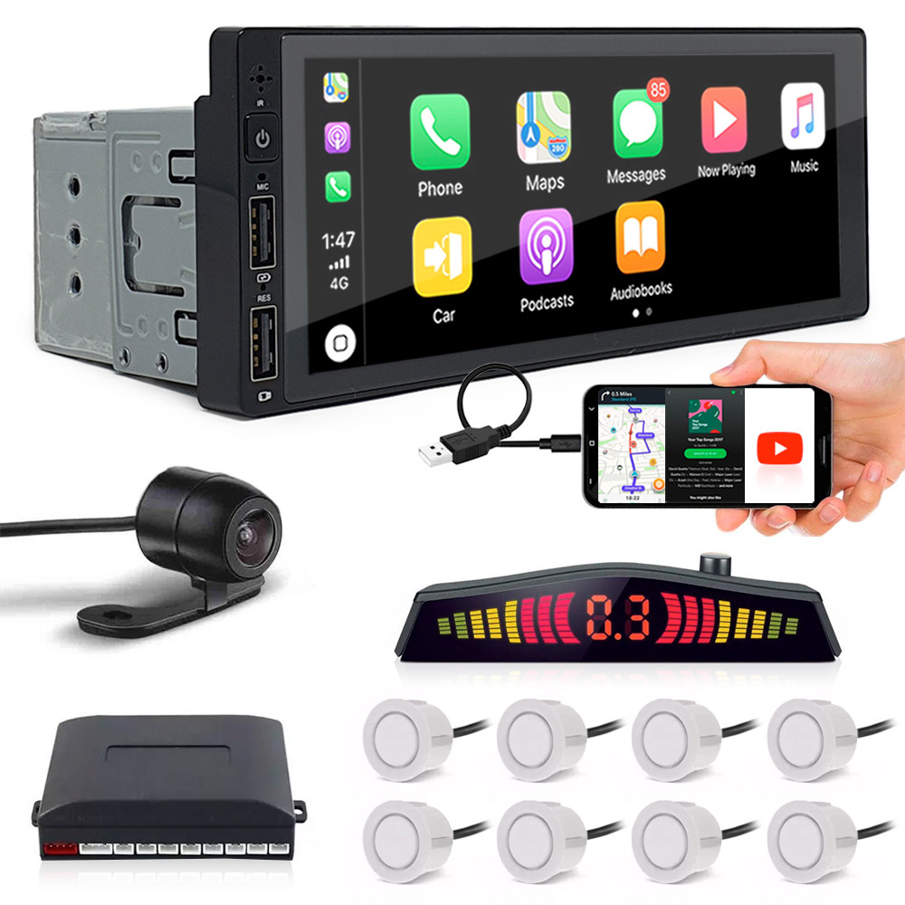 Kit Multimídia 1 Din + Câmera Ré + Sensor 8 Pontos Branco Novo Uno 2011 2012 2013 2014 Espelhamento Android Auto