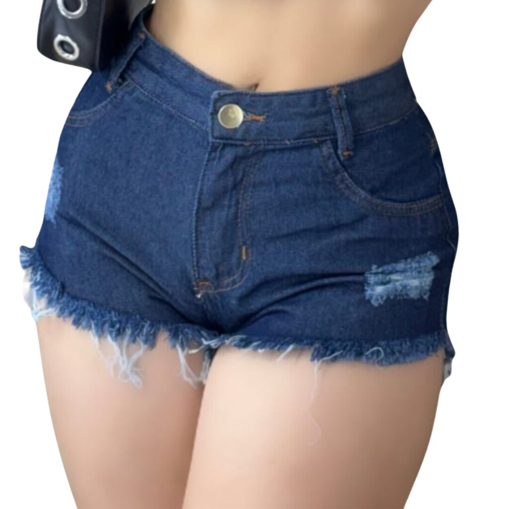 Short Jeans Feminino Curto Cintura Alta Algodão Confortável Levanta Bumbum Destroyed Premium Promoção Barra Desfiada