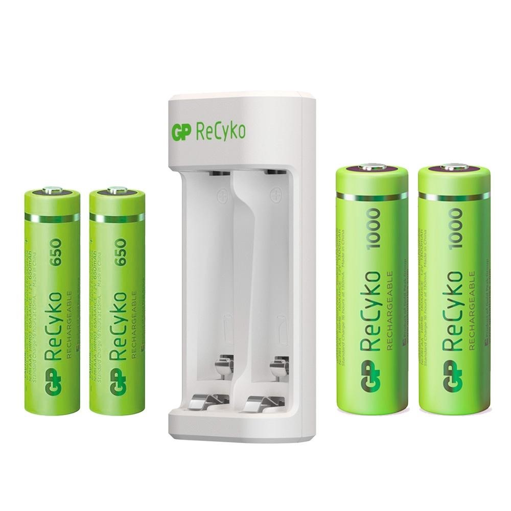 Kit Carregador De Pilhas Recarregaveis USB GP Recyko Original Mais 4 Pilhas AA E AAA Compacto
