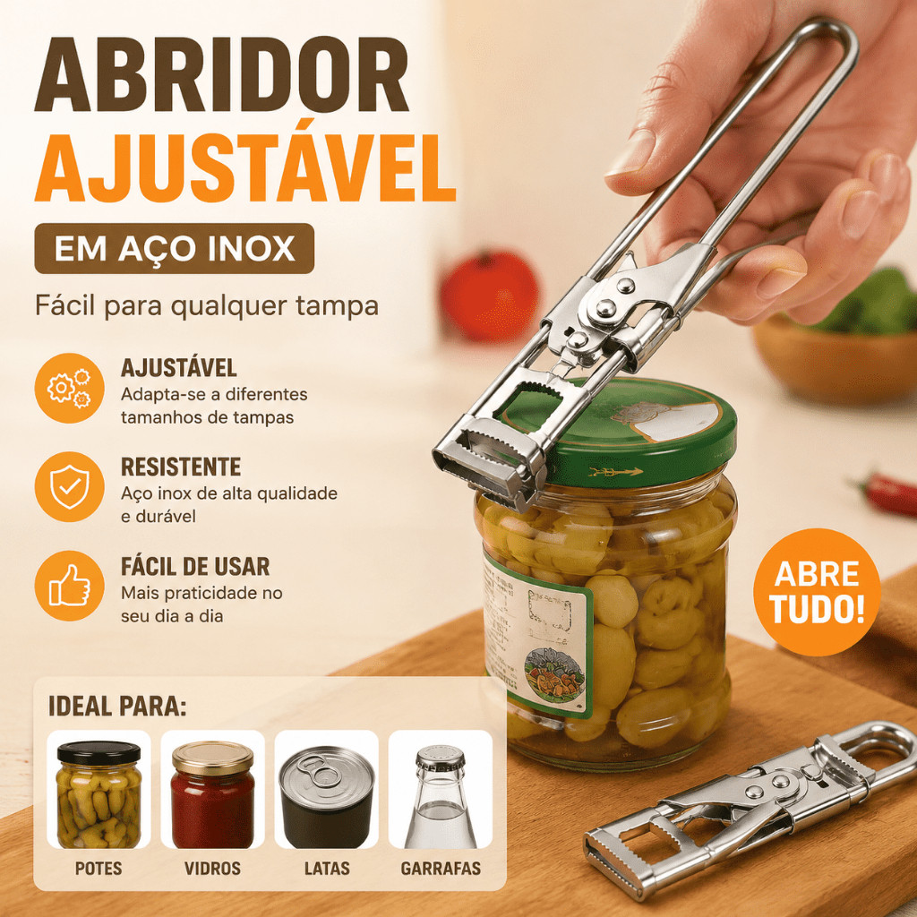 Abridor De Tampas Ajustável Em Aço Inox Fácil Qualquer Tampa Pote Vidro Avaliação da loja - Variação: