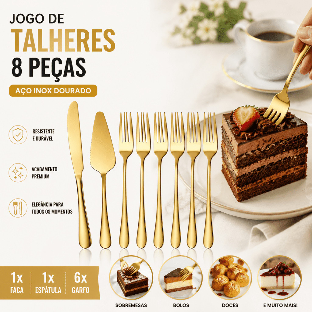 Kit 8 Talheres Aço Inoxidável Conjunto de Sobremesa 8 Peças Douradas Espátula Garfos Faca Avaliação da loja - Variação:
