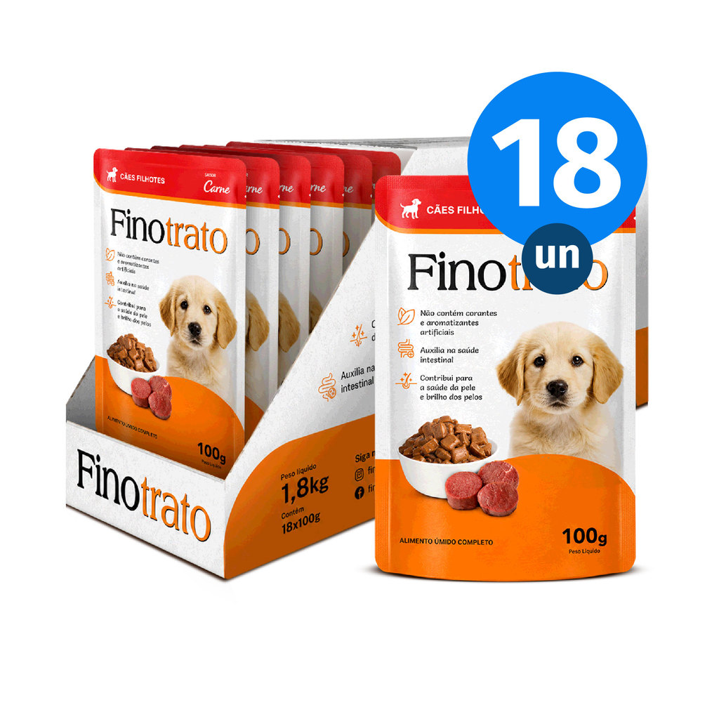 Kit CAIXA FECHADA 18x Sachê Finotrato Cães Filhotes Sabor Carne 100g