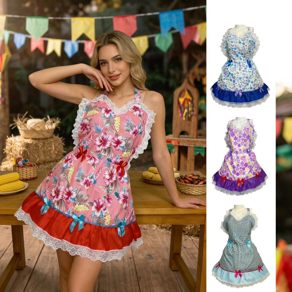 Avental De Festa Junina Adulto Caipira 80x80cm Com Renda E Laços Fantasia Para Arraiá