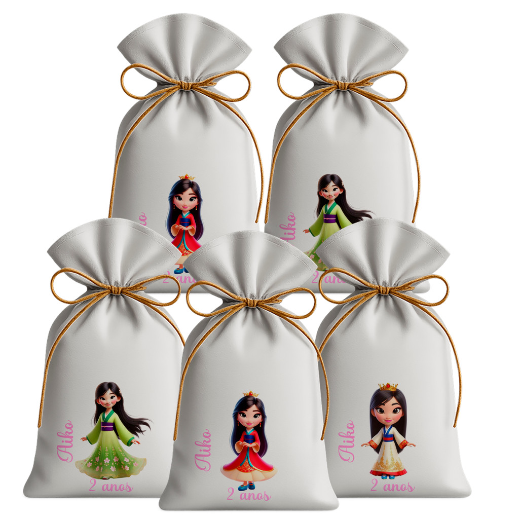 Kit 30 Saquinhos Sacolinhas Lembrancinha Festa Aniversário Tecido Personalizado Mulan 3D