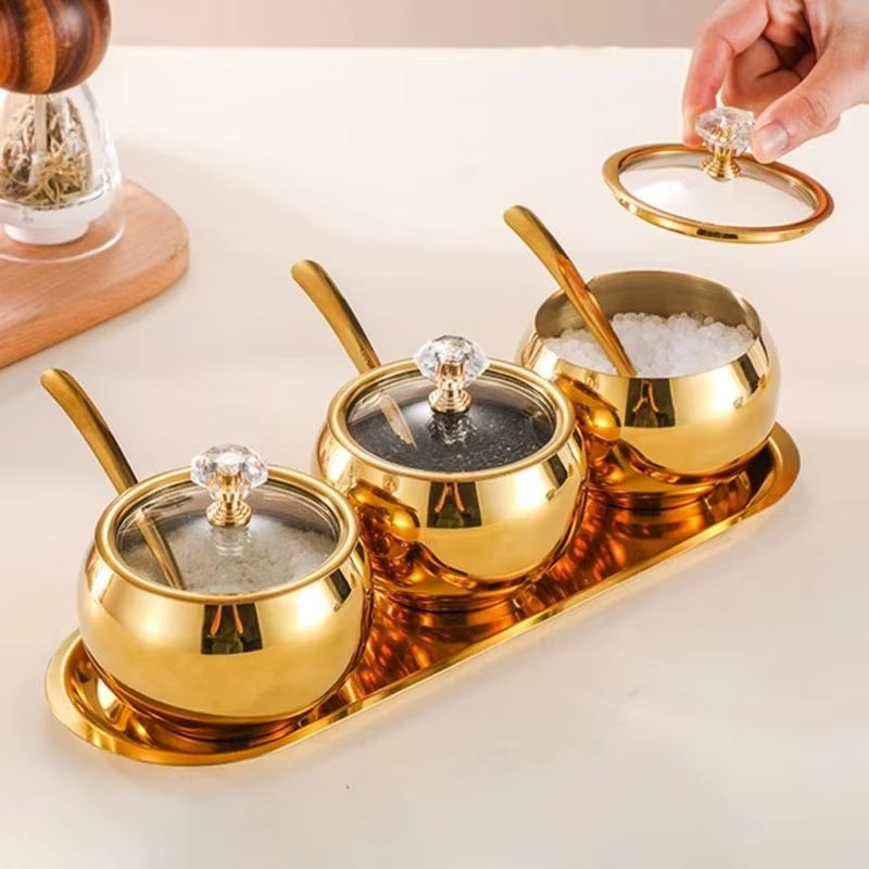 Kit3 Potes Açúcar Condimentos Com Bandeija Aço Inox 304 Esférico Cozinha Luxuoso Moderno Organizador Vendido(s) - Tipo A