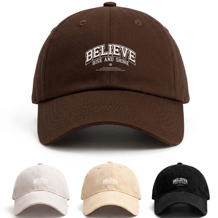 Boné Masculino Believe Rise And Shine Varsity Style College Marrom Ajustável Promoção Streetwear Moda Confortavel