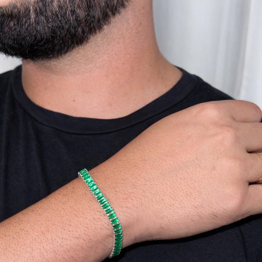 Pulseira Riviera Verde Esmeralda Cravejada Folheada a Prata 21cm Ajustável Unissex
