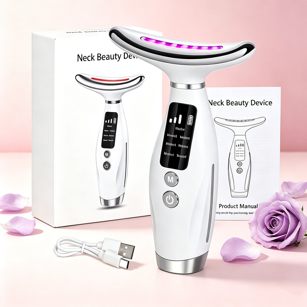 Massageador Elétrico Facial Pescoço Luz LED 7 Cores Fortalece Pele Apaga Marcas de Expressão