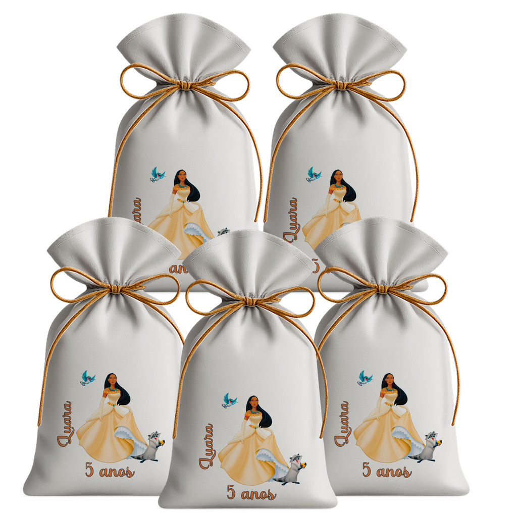 Kit 20 Saquinhos Sacolinhas Lembrancinha Festa Aniversário Tecido Personalizado Princesa Pocahontas