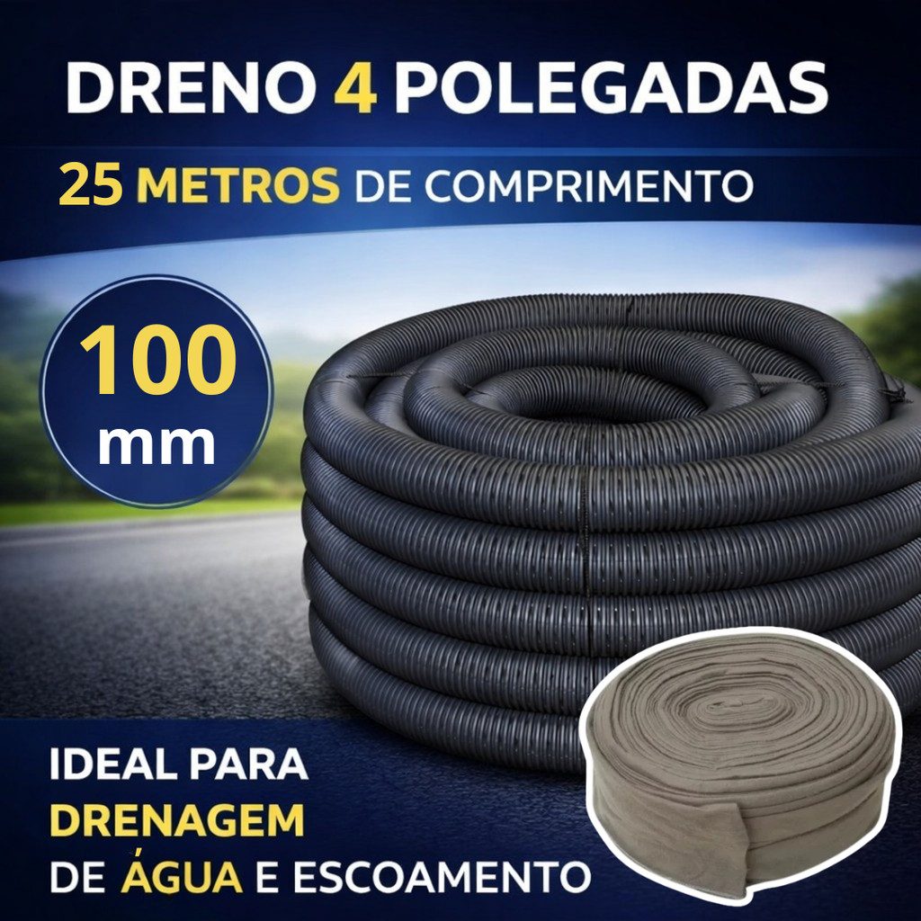 Dreno Tubo Duto PEAD Corrugado Perfurado para Construção 4 pol (100mm) Rolo 25 Metros Kit com Camisa de Bidim