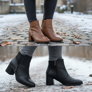 Bota Feminina Cano Curto Salto Bloco Confortável Ultraconforto Zíper Lateral Croco