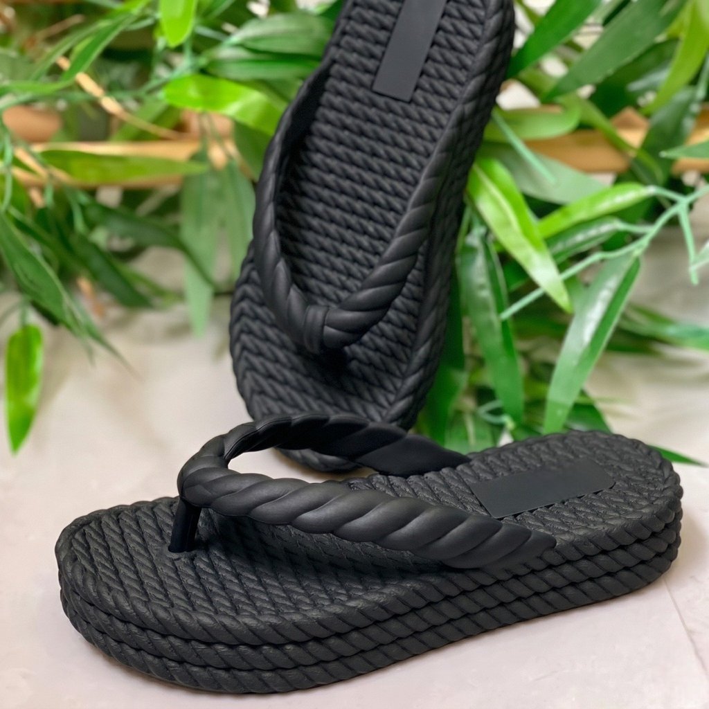 Sandália Feminina Confortável Trança Chinelo Dedo Trançado Plataforma Macia Antiderrapante Preto