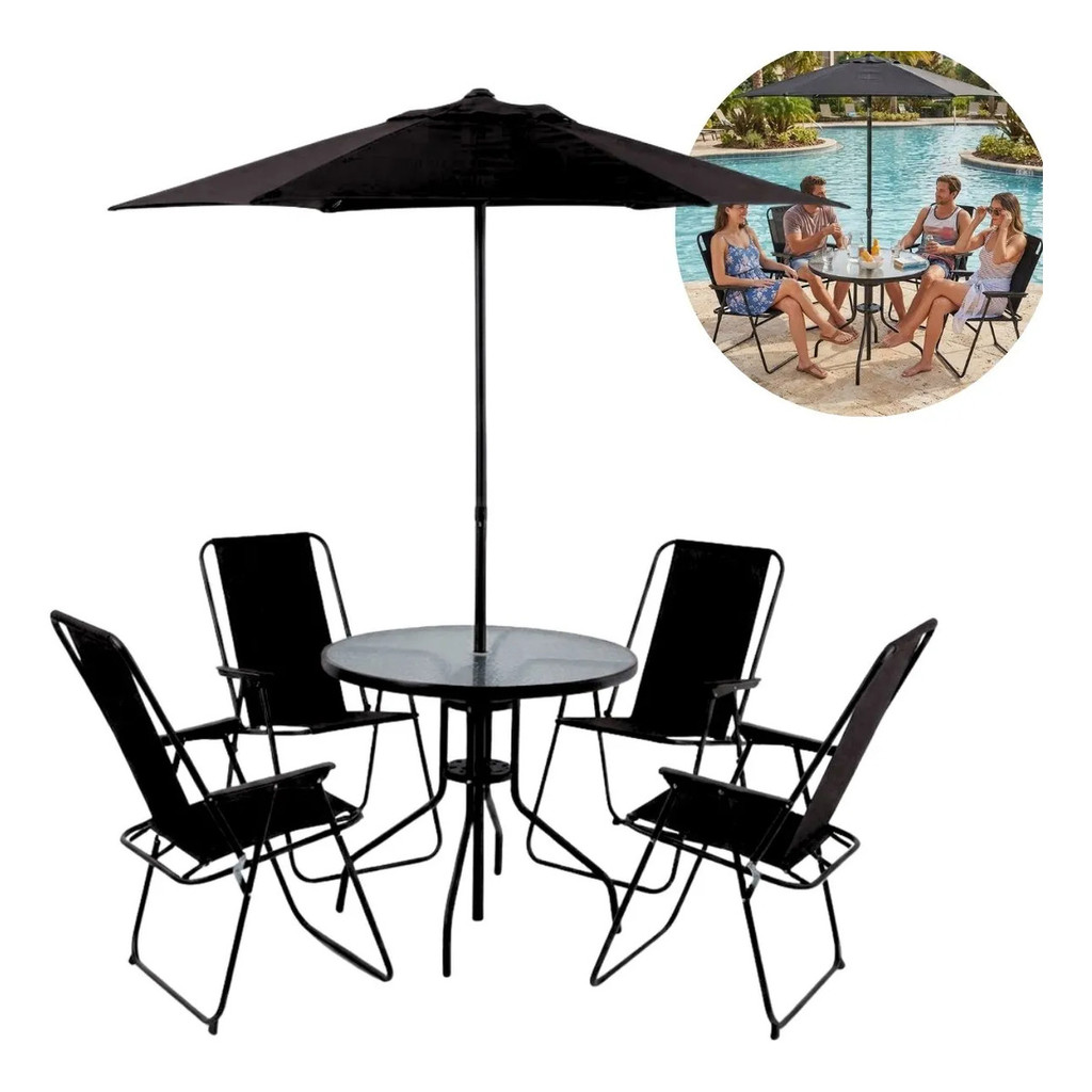 Imagem Conjunto Mesa 4 Cadeiras Guarda-sol Jardim Preto WayImport