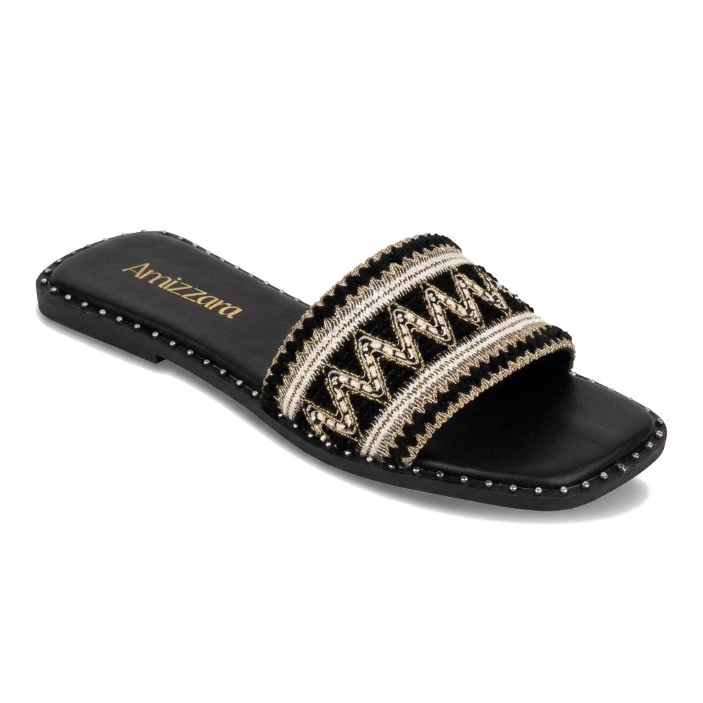 Rasteira Feminina Bordado Indiano Artesanal Preta Sandália Boho Bico Quadrado Confortável Leve Verão