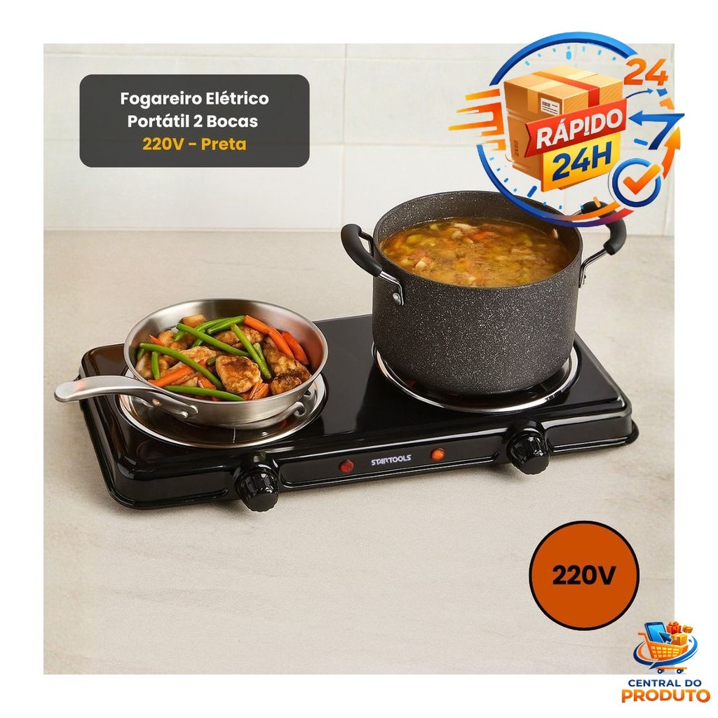 Fogareiro Elétrico Portátil 2 Bocas 2000W 220V Compacto Uso Prático Cozinha Acampamento