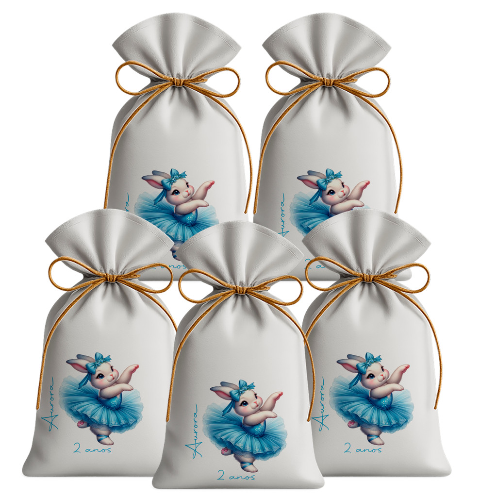 Kit 20 Saquinhos Sacolinhas Lembrancinha Festa Aniversário Tecido Personalizado Coehinha Bailarina Azul