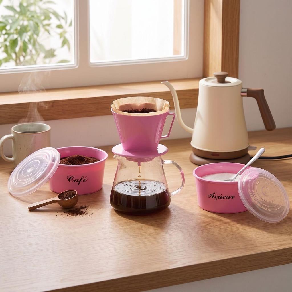 Kit Porta Café e Açúcar 1,2L Rosa com Suporte para Filtro de Café 103 Organizador de Cozinha com Opção Individual