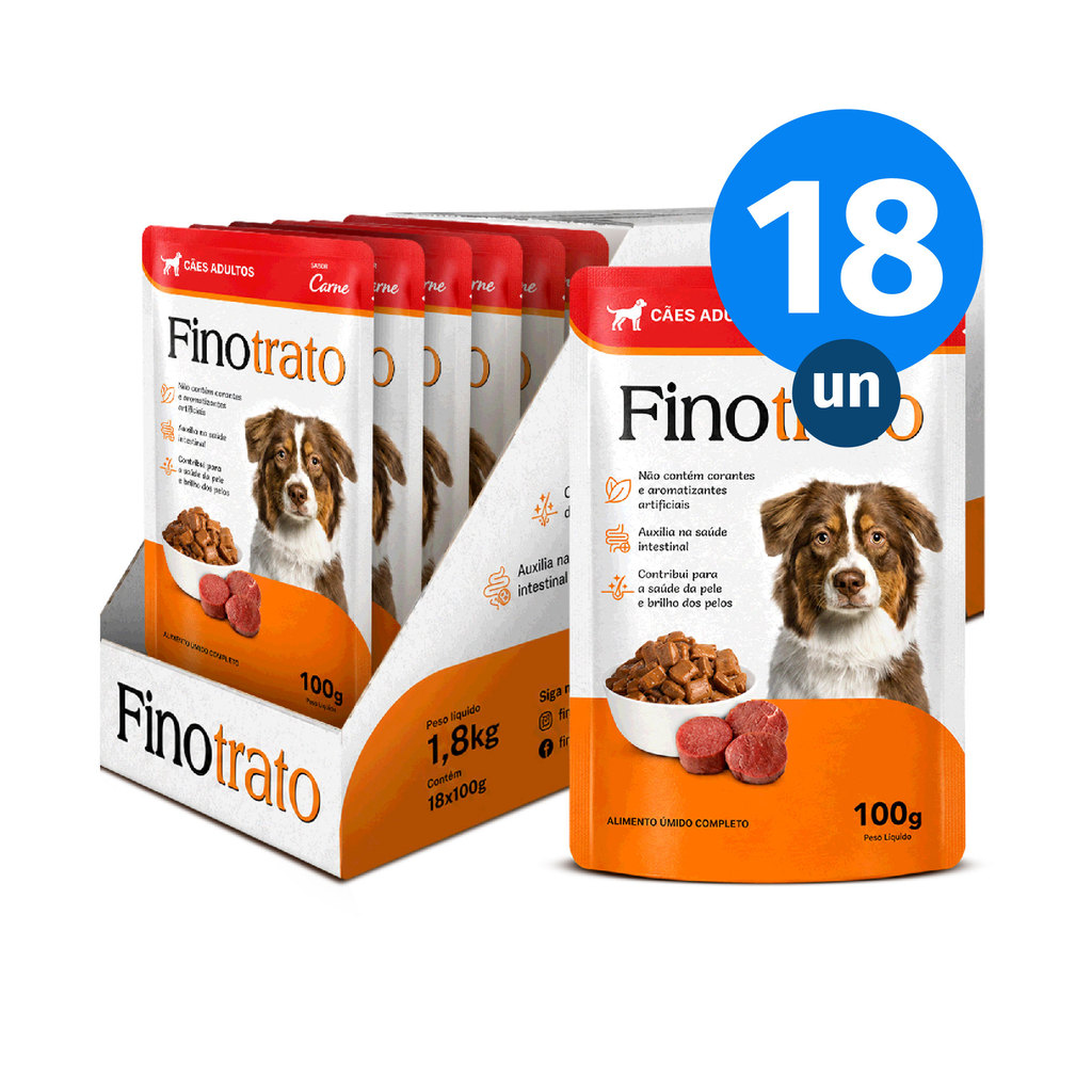Kit CAIXA FECHADA 18x Sachê Finotrato Cães Adultos Sabor Carne 100g