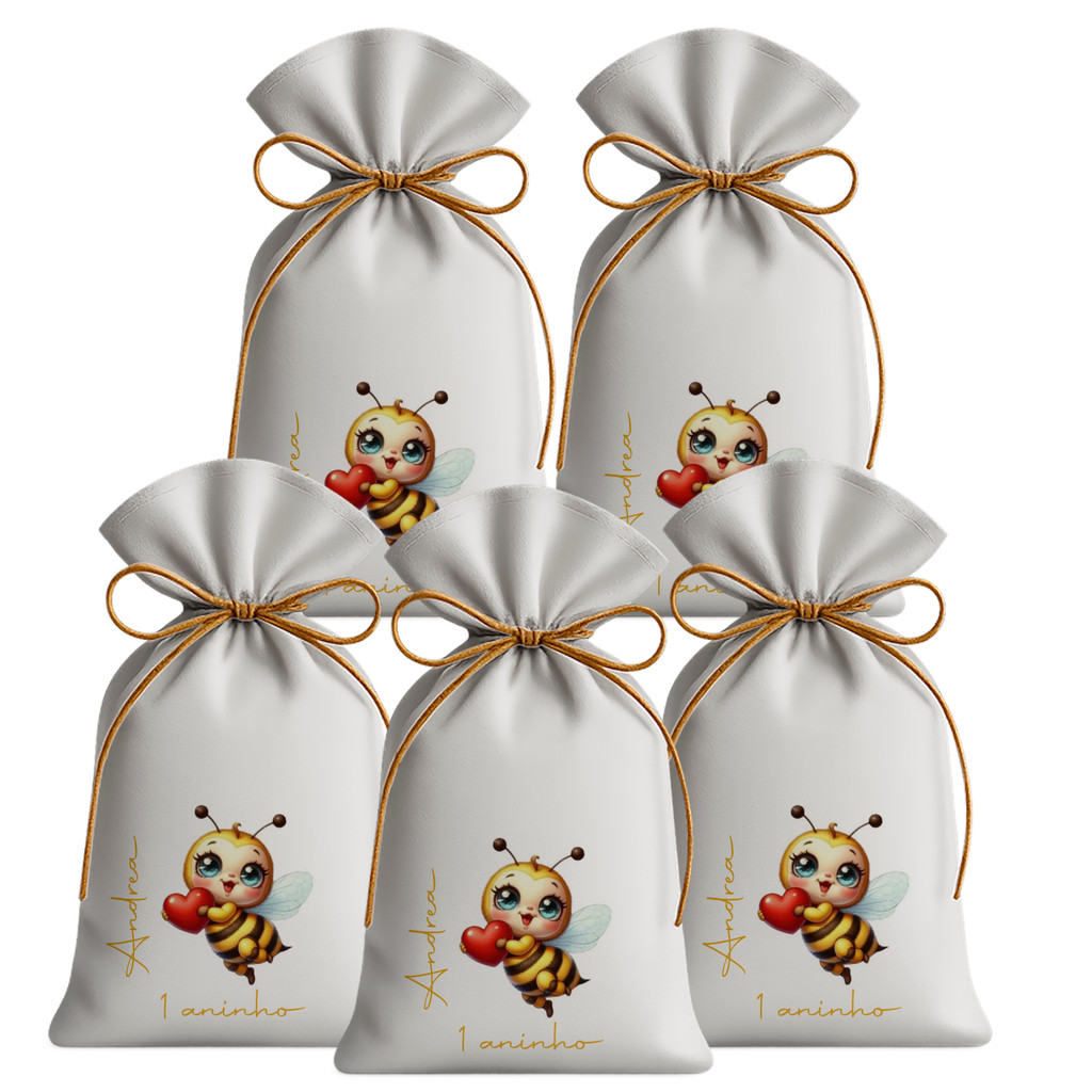 Kit 20 Saquinhos Sacolinhas Lembrancinha Festa Aniversário Tecido Personalizado Abelhinha Coração