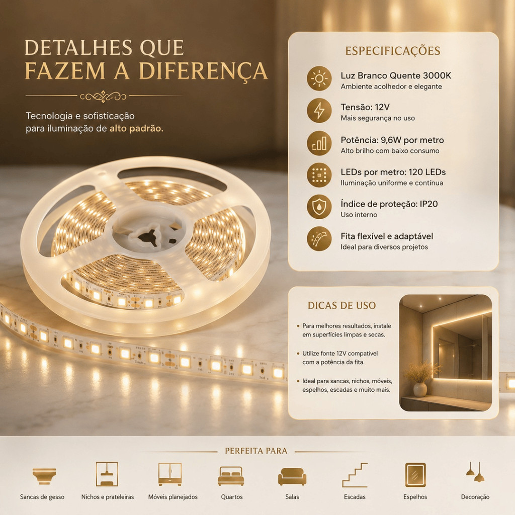 Fita Led Amarela 3528 5m D Face Branco Quente 3000k Bivolt Sala de Estar Quarto Cozinhas Bancadas
