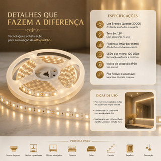 Fita Led Amarela 3528 5m D Face Branco Quente 3000k Bivolt Sala de Estar Quarto Cozinhas Bancadas