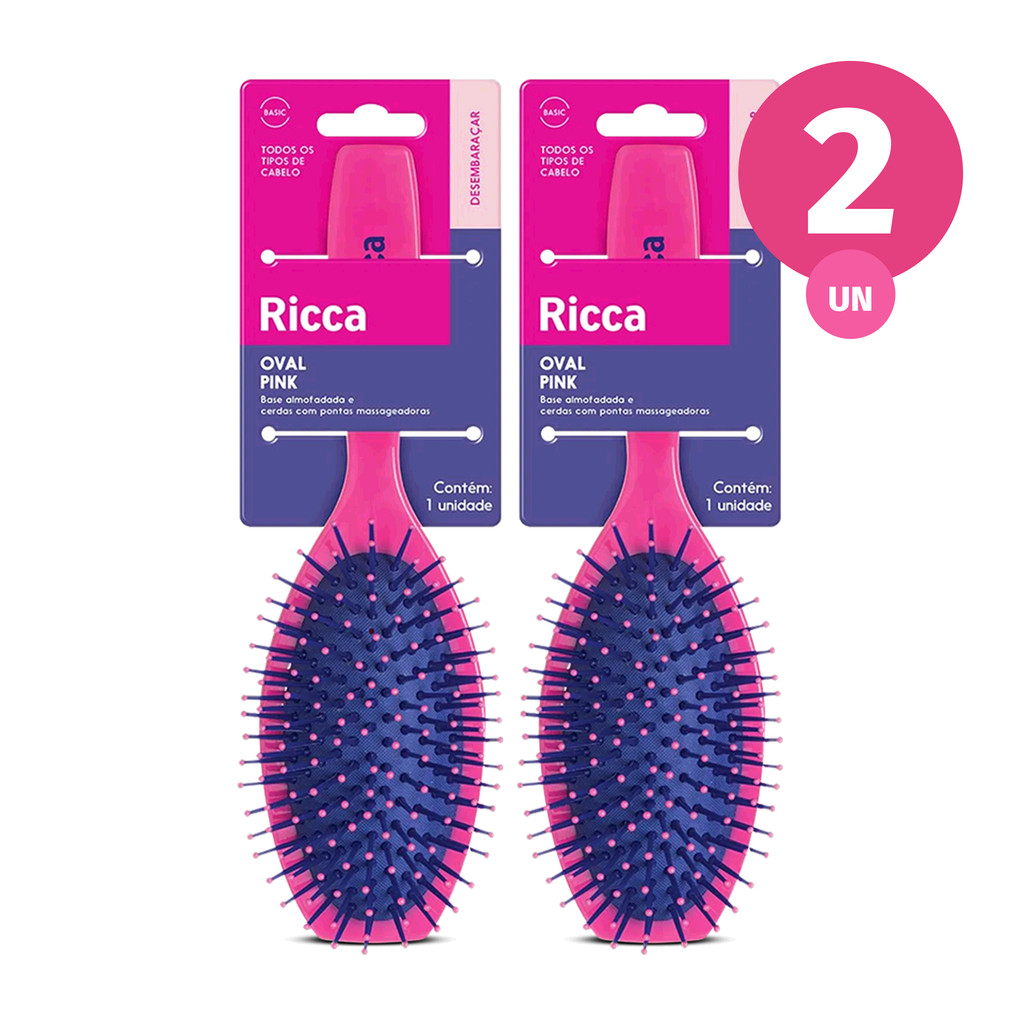 Kit 2x Escova de Cabelo Pink Oval Almofadada Ricca
