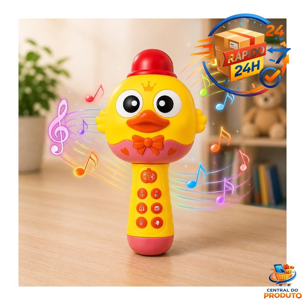 Microfone Infantil Recarregável Bluetooth 21,2cm Com Música, Gravação e Histórias - Amarelo Rosa